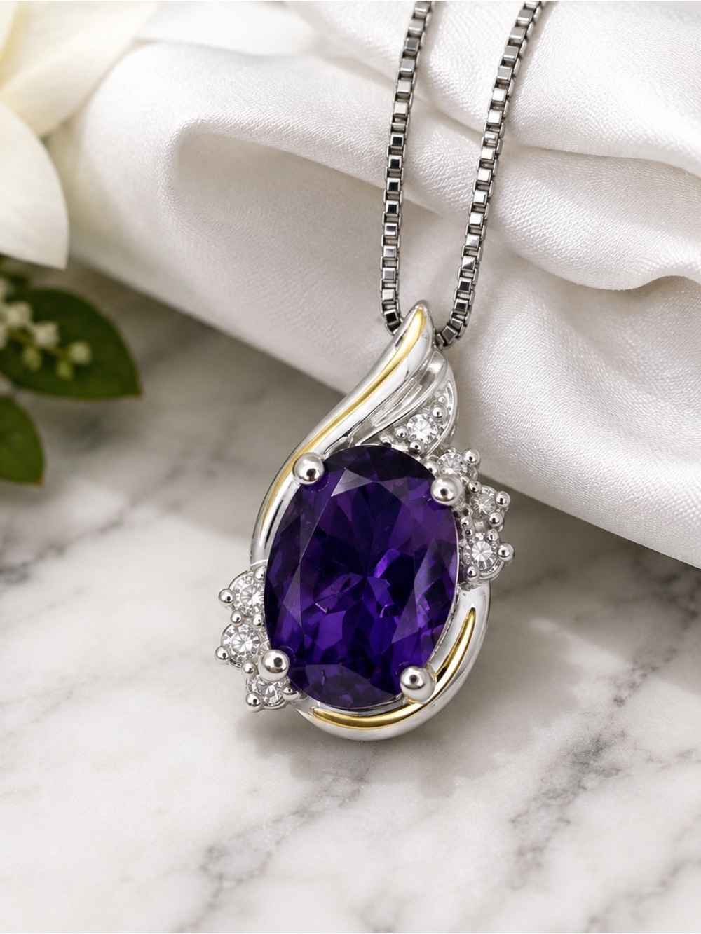 10K Gold and Sterling Silver Amethyst Diamond Pendant with Chain